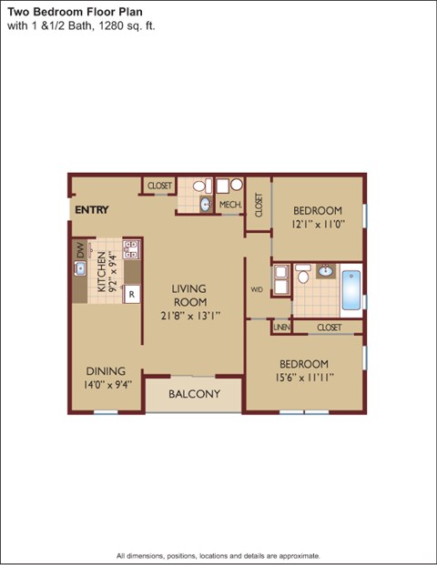 Floor plan for 2 beds, 1.5 baths, 1230 sqft